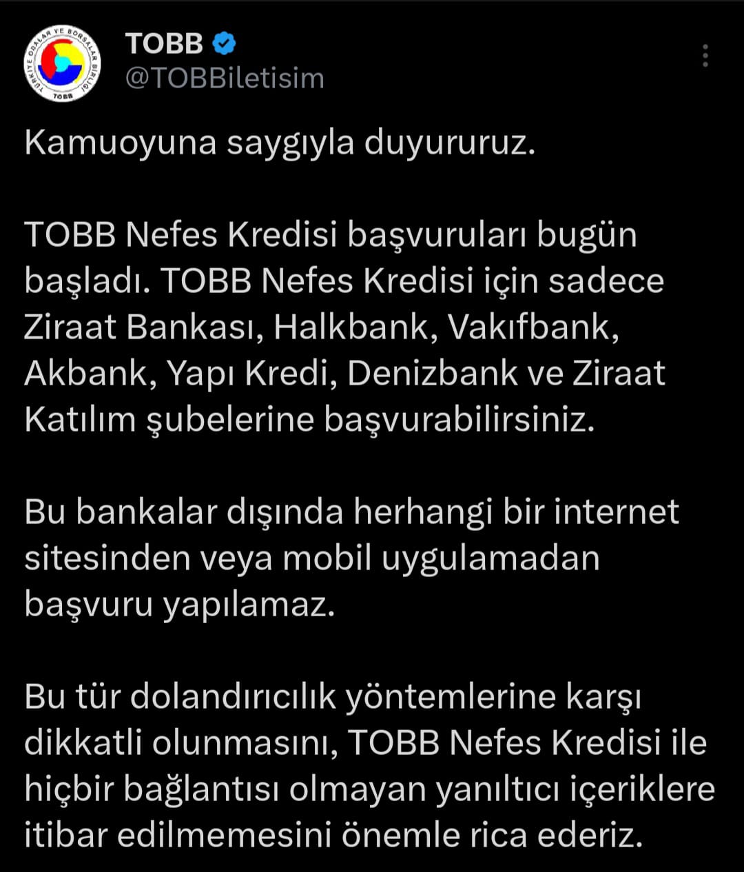 TOBB Nefes Kredisi bavurular bugn balad
